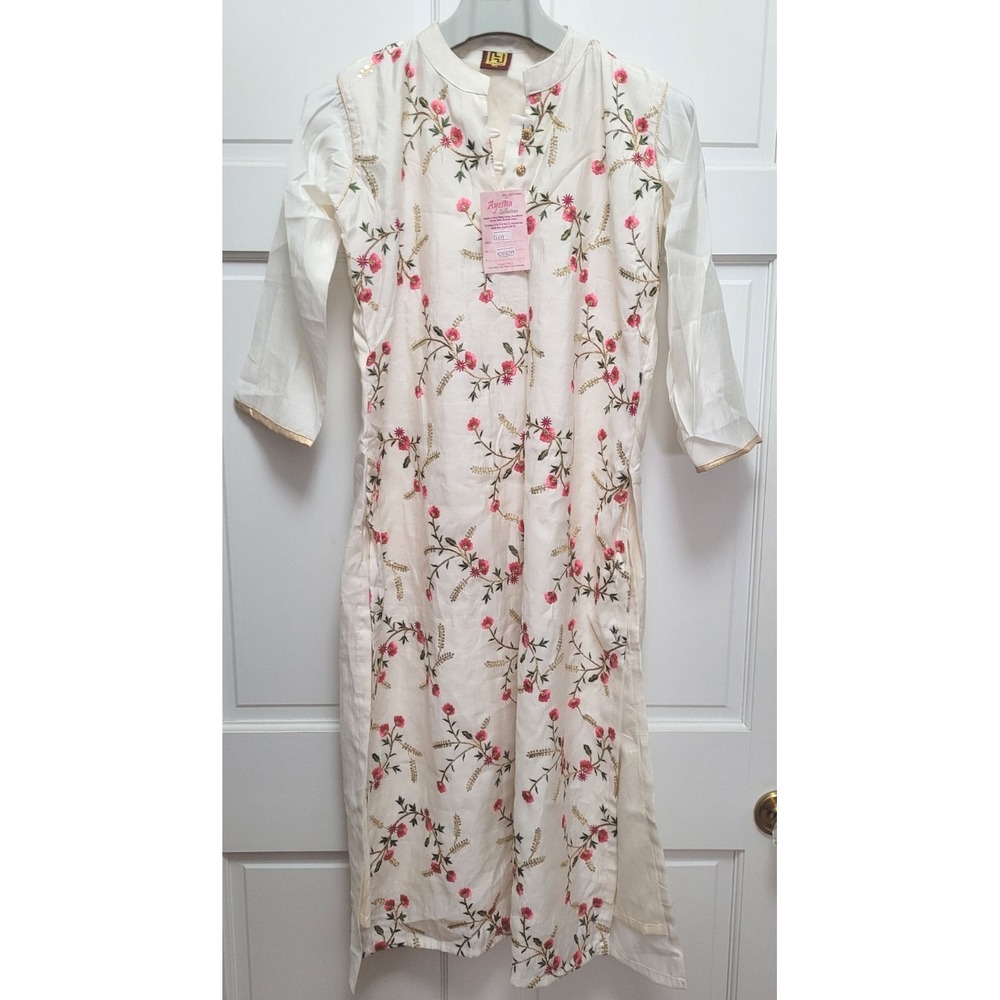 Hariom Women's 2pc Silk Blend Embroidered Long Kurta Set - Ivory Floral - XL